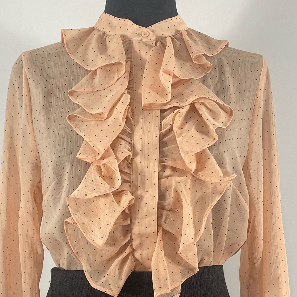 H & M Pink Polka Dot Ruffle top, Sheer, button up, Size Small - Picture 8 of 8